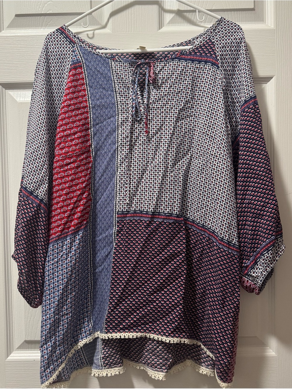 Umgee Patchwork Boho Peasant Top in Blue, Red, White